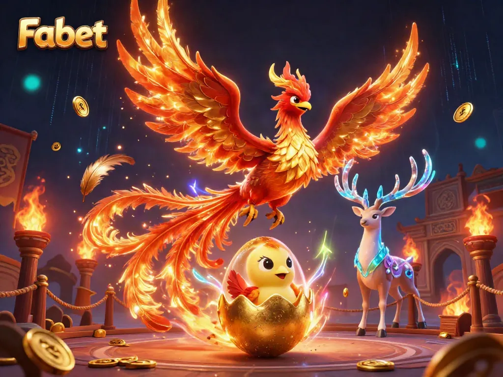 Experience thrilling wins with Fabet's dynamic casino scene featuring a majestic phoenix and golden elements.