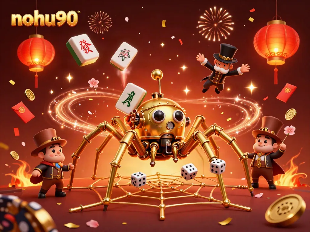 Engage in thrilling casino adventures with nohu90, featuring cartoon characters in a festive 3D illustration.