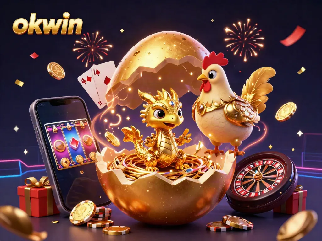 Experience thrilling wins at OKWIN's casino with golden dragons, chips, and vibrant slot games.