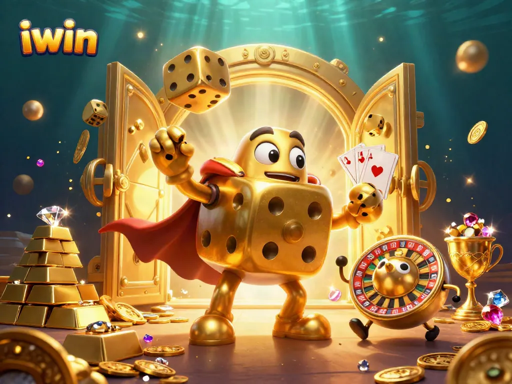 iwin gaming scene featuring golden dice, treasure vaults, and vibrant casino elements