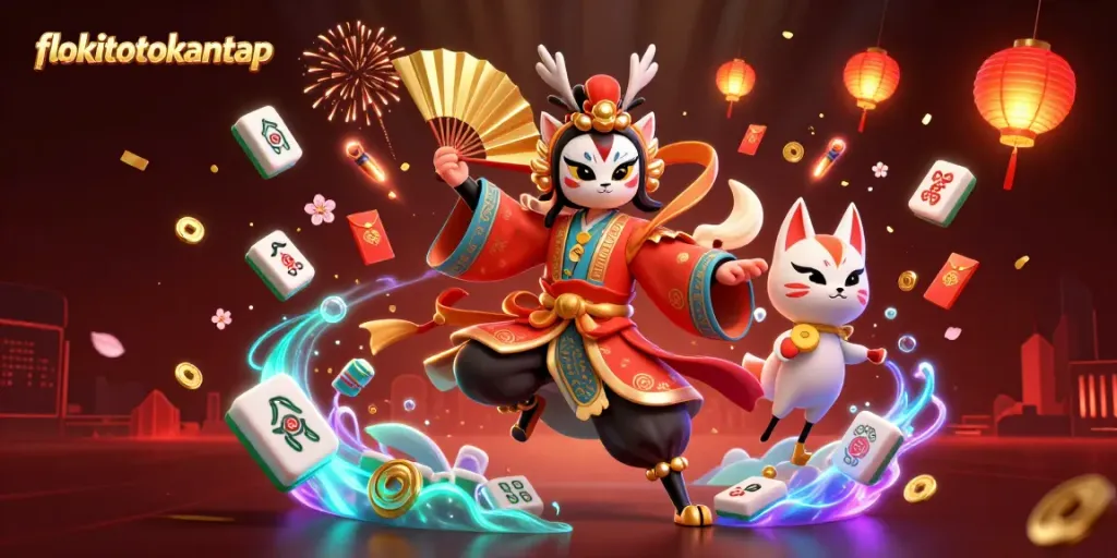 Experience the thrilling atmosphere of flokitotokantap through a vibrant 3D casino-inspired illustration, showcasing mythical characters and lucky symbols.
