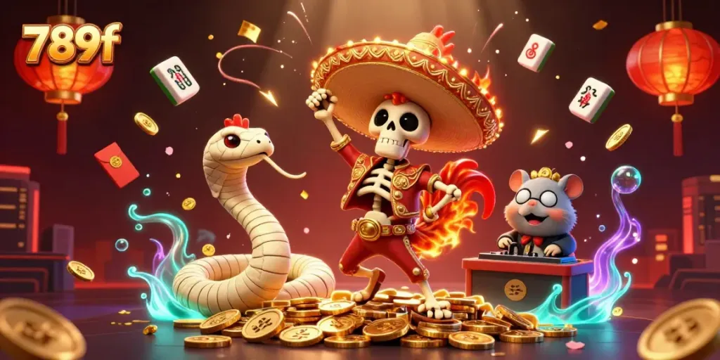 Engage with captivating 789f casino visuals featuring vibrant characters celebrating amidst gold coins and festive elements.