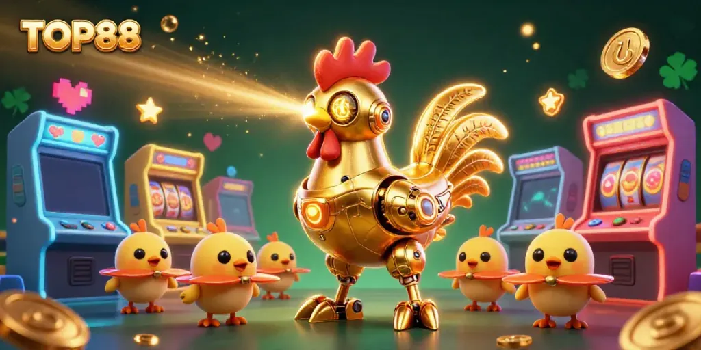 Engage in exciting gameplay with TOP88's vibrant 3D illustration featuring golden rooster robot and gaming elements.