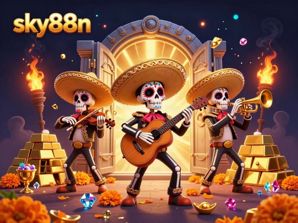 Engage in thrilling gameplay at sky88n, surrounded by festive mariachi musicians amidst gold and jewels.