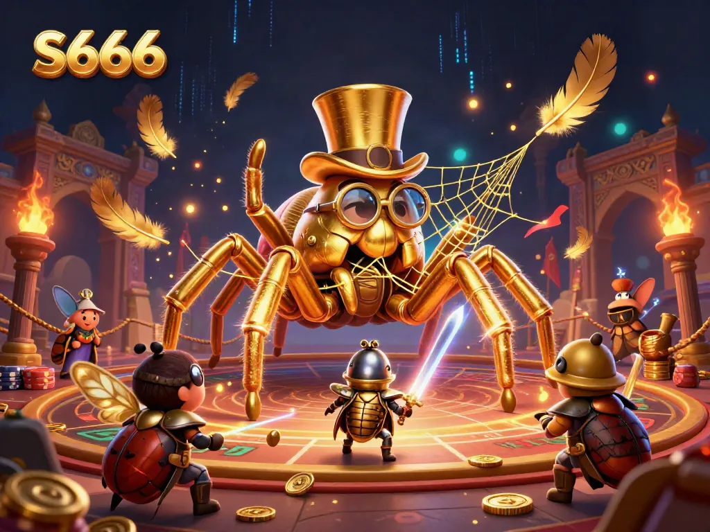 Engage with S666's thrilling casino adventure featuring a golden tarantula and knight amidst gold coins.