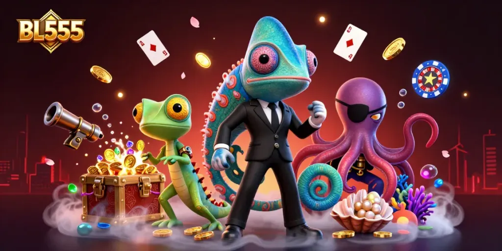 Engage in thrilling action at BL555 with vibrant casino games and colorful characters in a dynamic 3D scene.