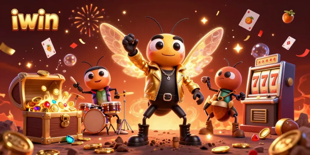 Experience the thrill of iwin as a rock star cicada takes center stage in a vibrant casino scene.