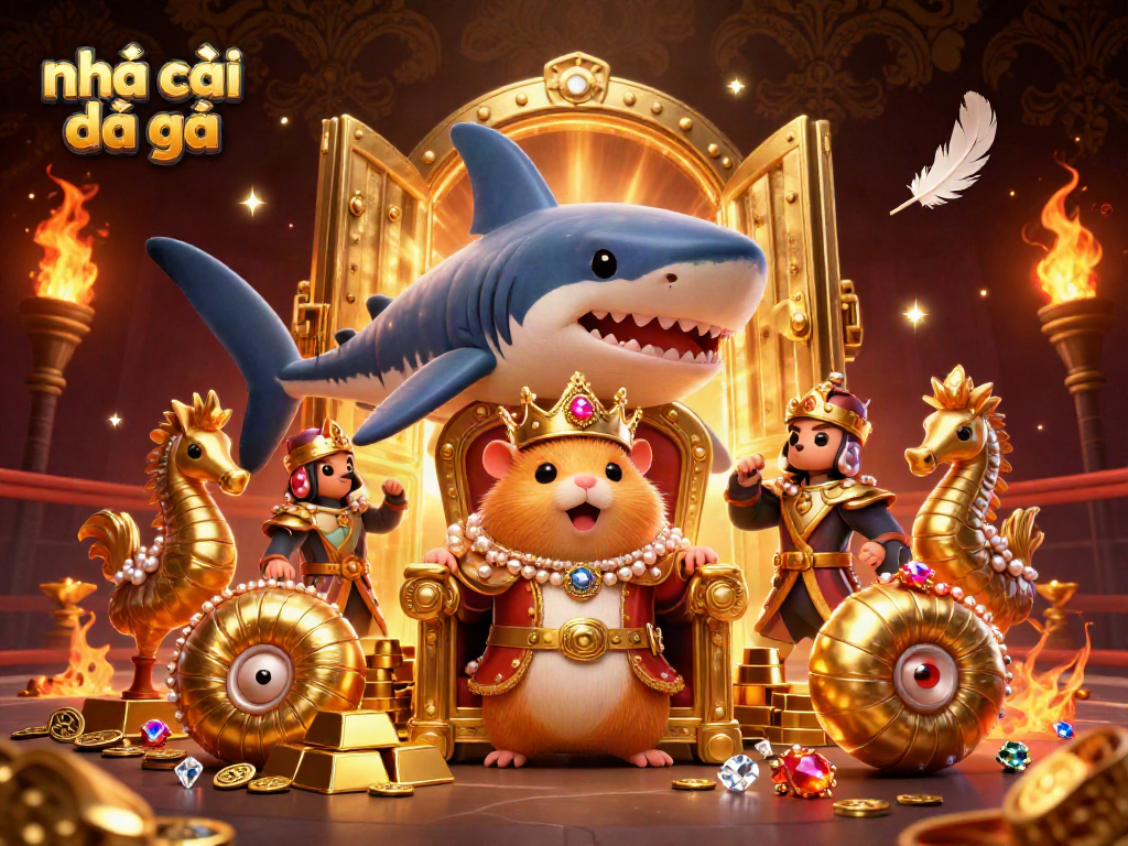 Engage in the world of nhà cái đá gà with a fierce hamster king and treasures in a lively scene.