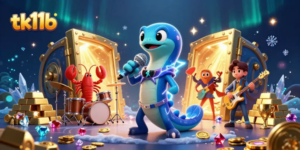 Engaging scene of tk11b's underwater casino life, with electric eel DJ, lobster drummer, and seahorse guitarist.