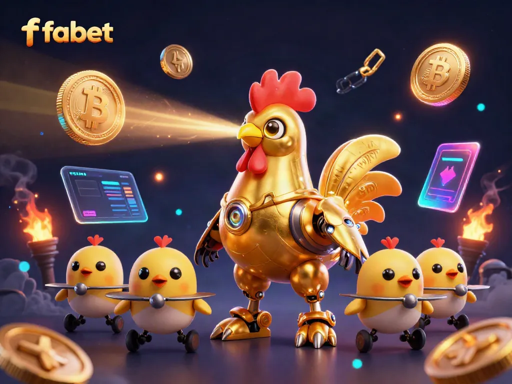 Experience vibrant gaming action with fabet's golden rooster robot surrounded by crypto coins and neon effects.