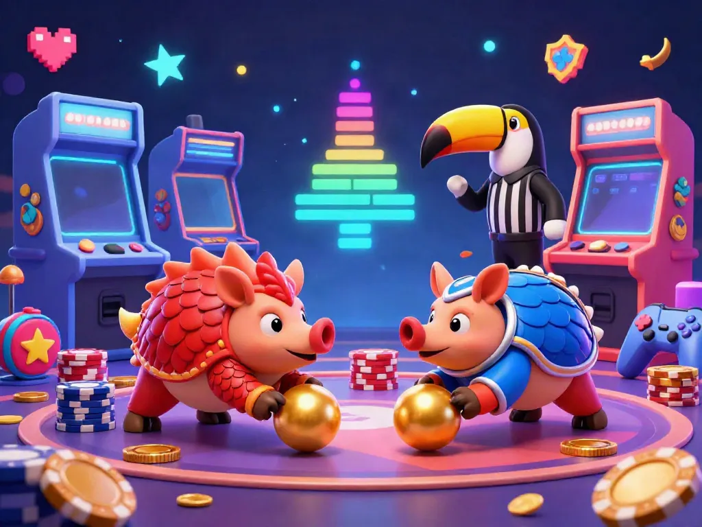 Immerse in the thrilling world of EE88 with rival pangolins competing in a colorful casino scene.