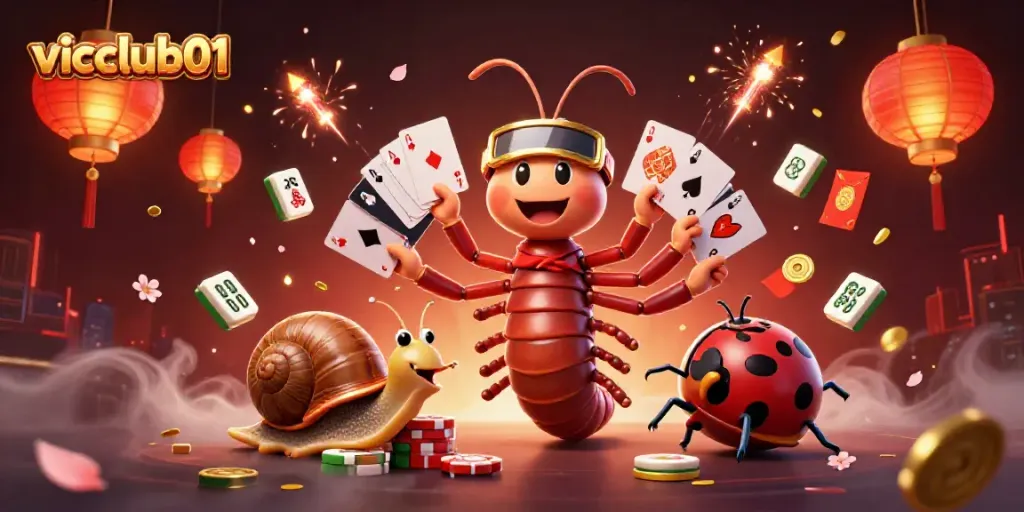 Experience exciting gameplay at vicclub01 with a dynamic cartoon casino scene featuring engaging characters and festive elements.