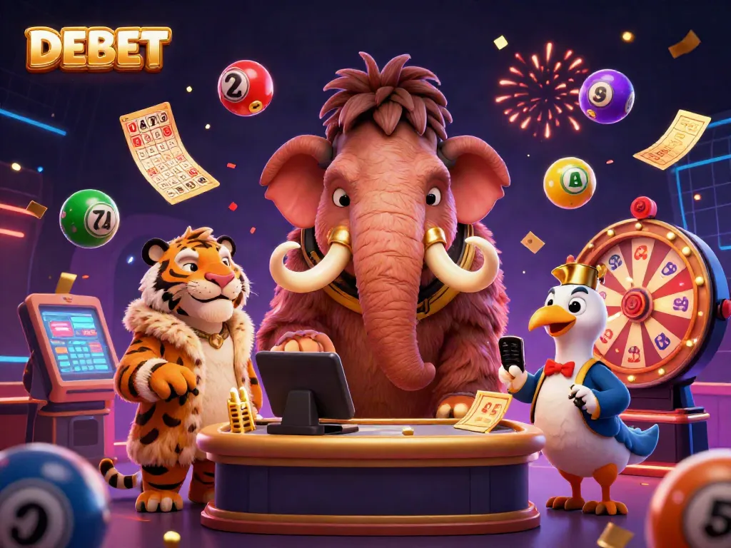 Join the excitement at DEBET with our vibrant 3D casino scene featuring characters and lottery dynamics.