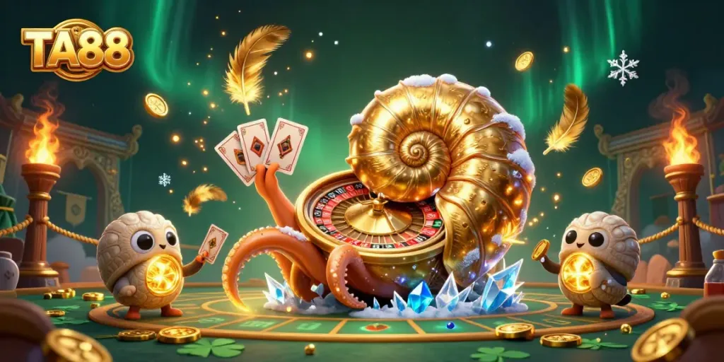 TA88 offers exhilarating experiences with a giant nautilus roulette and glowing ammonites in a vibrant casino scene.