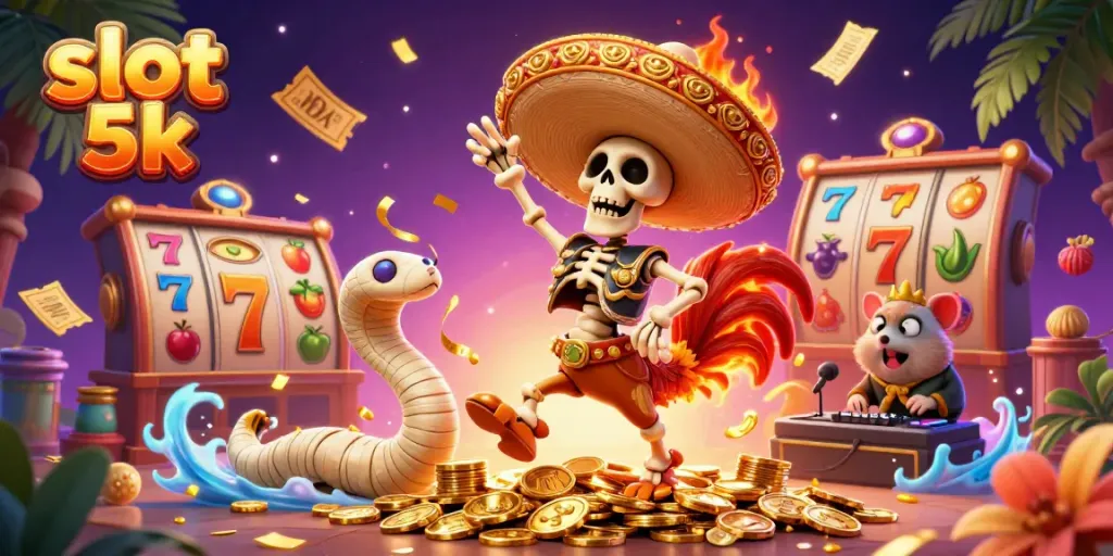 Engage with the captivating slot 5k scene featuring a jubilant mariachi rooster and vibrant slot elements.