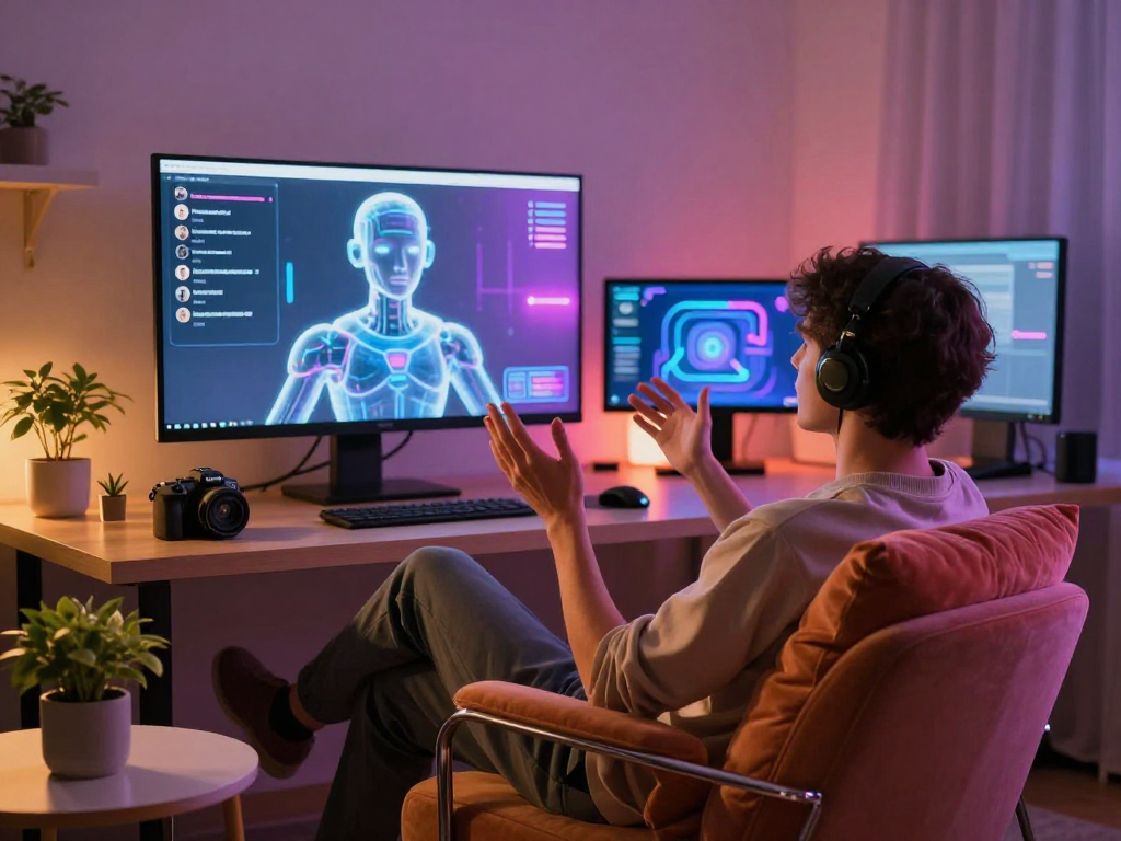 Engaging ai sex conversation in a cozy virtual chat room with holographic AI.