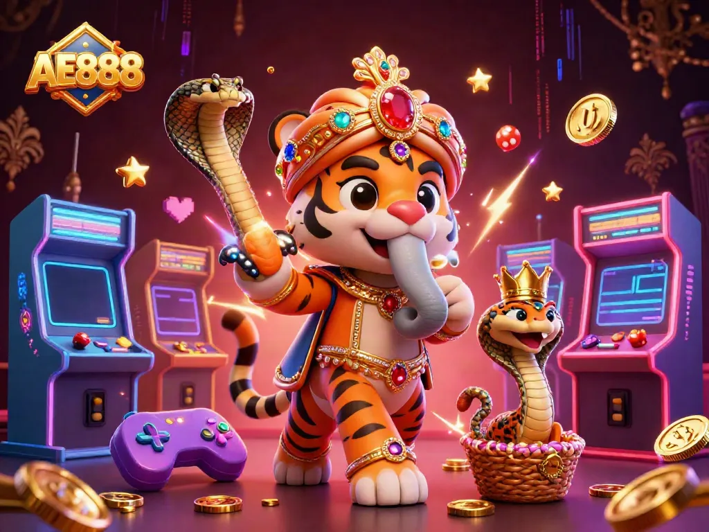 Engage with AE888 through a vibrant 3D casino scene featuring a majestic tiger and an elephant.