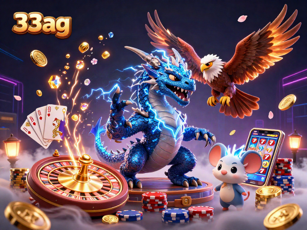 Experience the thrill of 33ag with a cartoon thunder dragon and dynamic casino elements.
