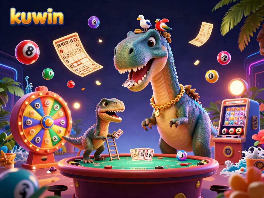 Kuwin illustrates a dynamic casino scene with a giant brontosaurus, raptor dealer, and flying lottery balls.