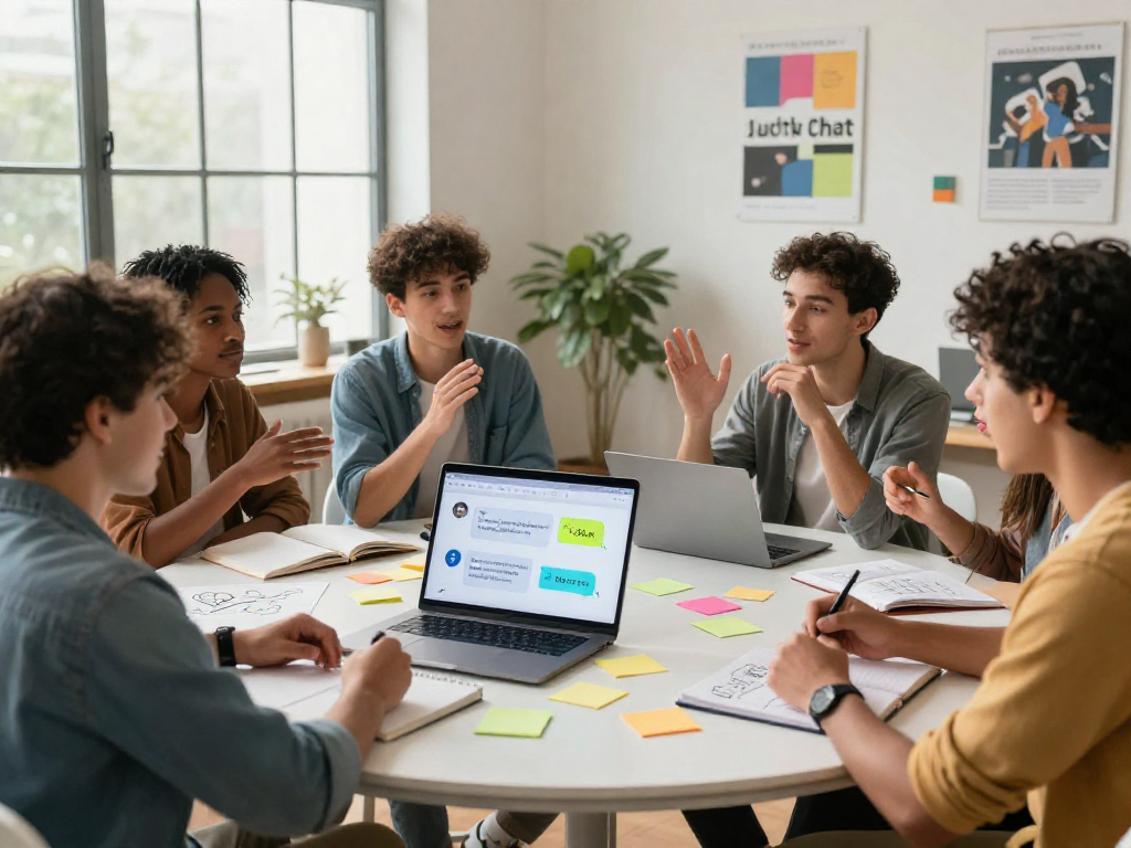 Engaged users collaborating in a modern workspace discussing juicy ai chat solutions with a friendly chatbot interface.