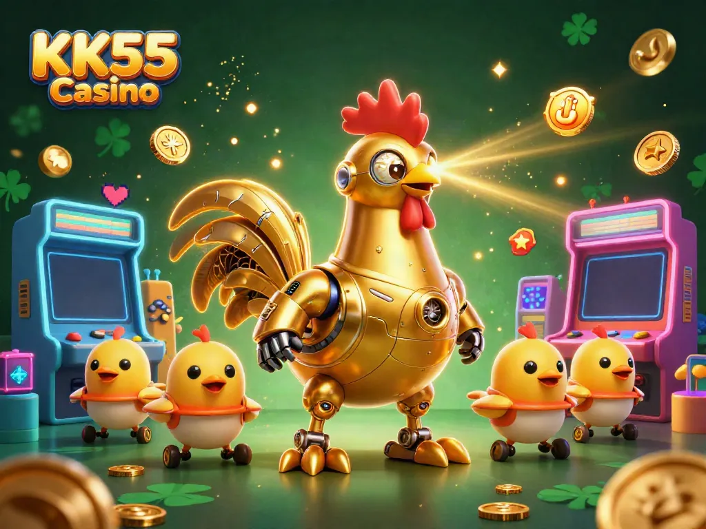 Engage with KK55 Casino's vibrant gaming world featuring a futuristic golden rooster and baby chick drones.