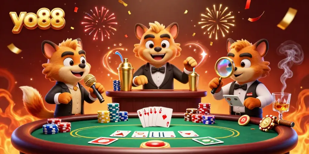 Hyenas at yo88's comedy casino entertain with drinks and jokes amid poker excitement.