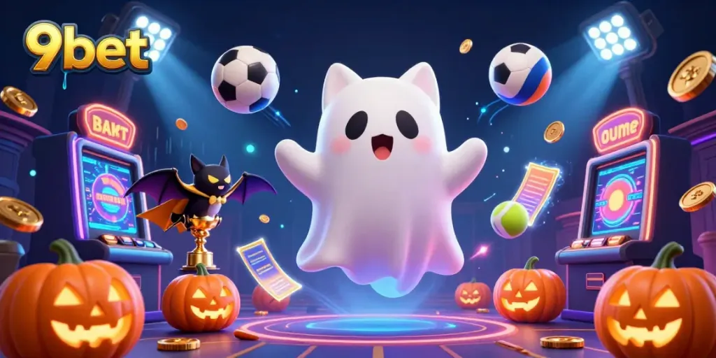 Experience the thrilling action of 9bet with a ghost cat and vampire bat in a vibrant casino setting.