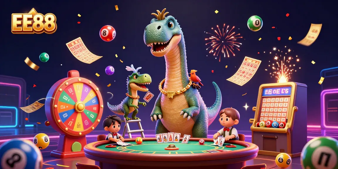 EE88 casino scene featuring a cartoon dinosaur with lottery elements in a colorful atmosphere
