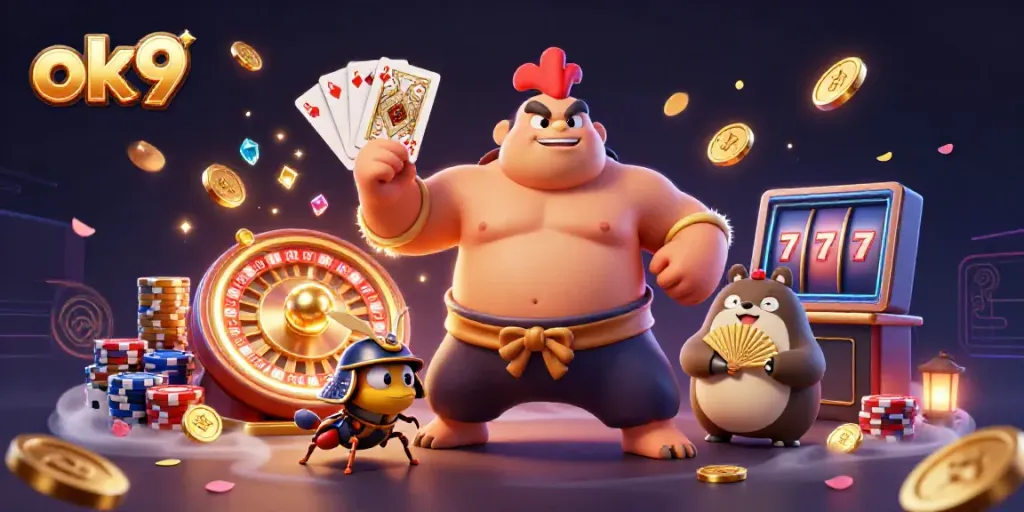 Experience thrilling casino action with ok9 in this dynamic 3D illustration featuring vibrant characters and game elements.