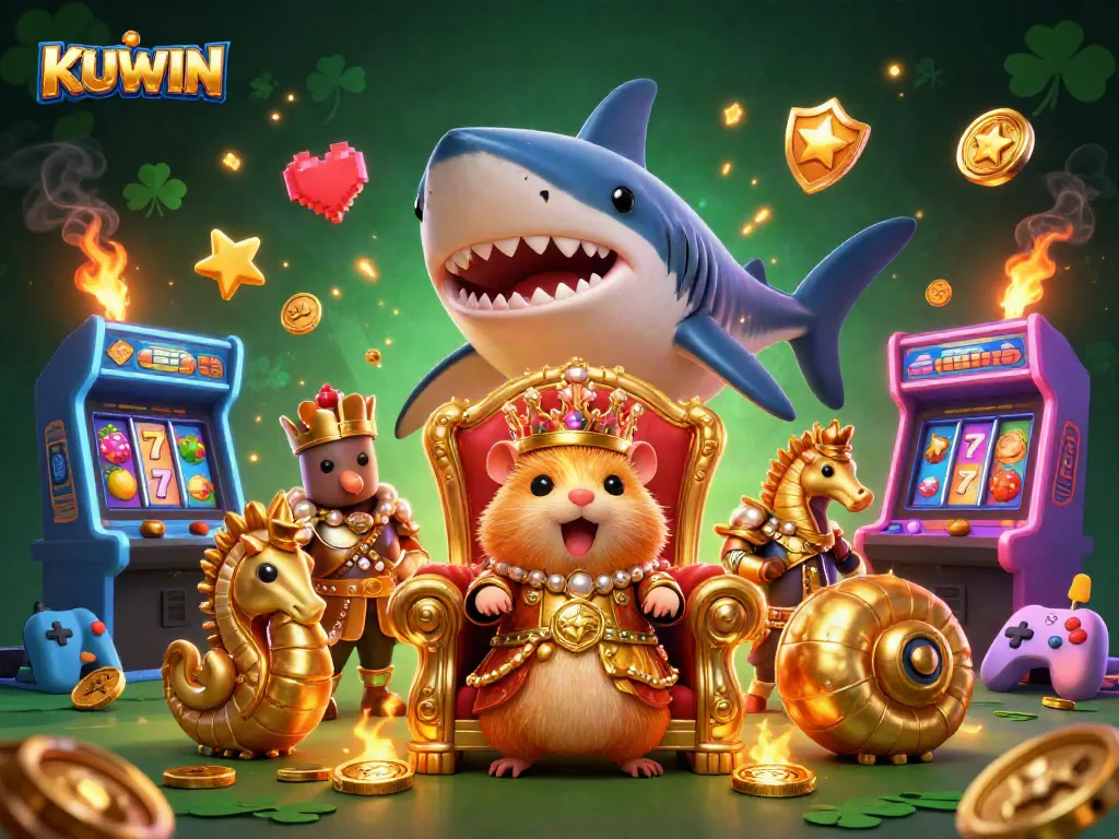 Engage with KUWIN's casino atmosphere featuring vibrant slot reels and golden characters in a lively scene.