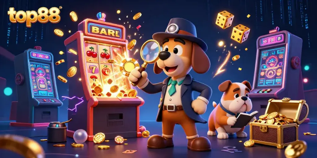 Discover winning strategies at top88 with a whimsical scene featuring a dog detective and casino elements.