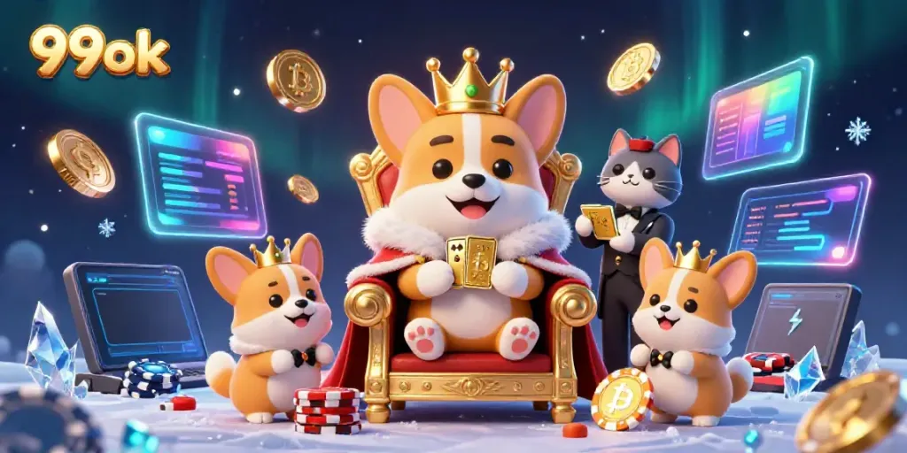 Win big with 99ok: A royal corgi throne surrounded by glowing crypto elements.