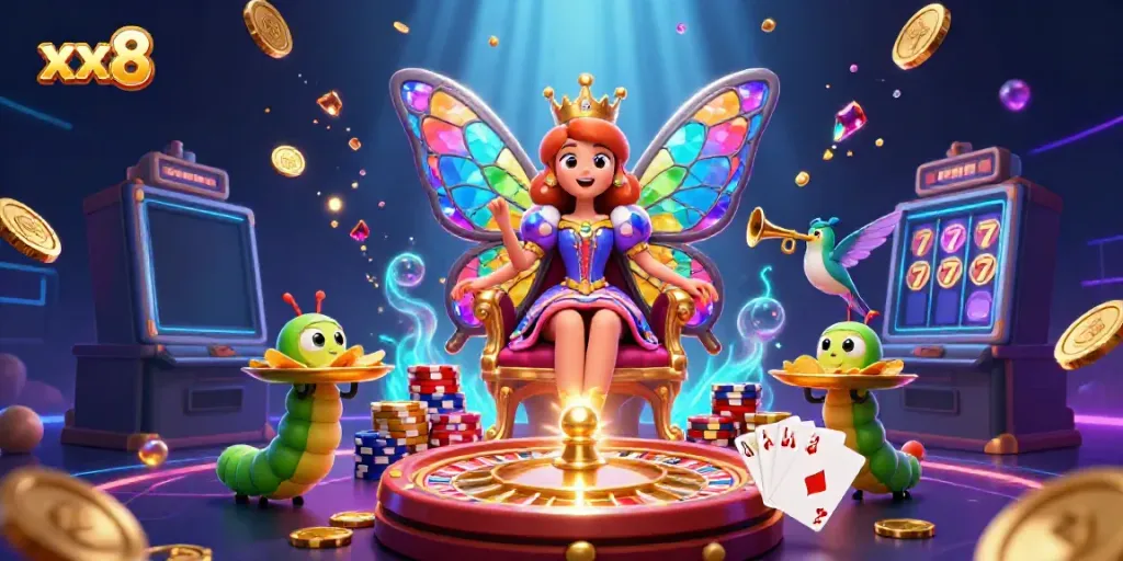 Experience the vibrant xx8 casino world with a butterfly queen in a dazzling gambling scene full of luck and excitement.