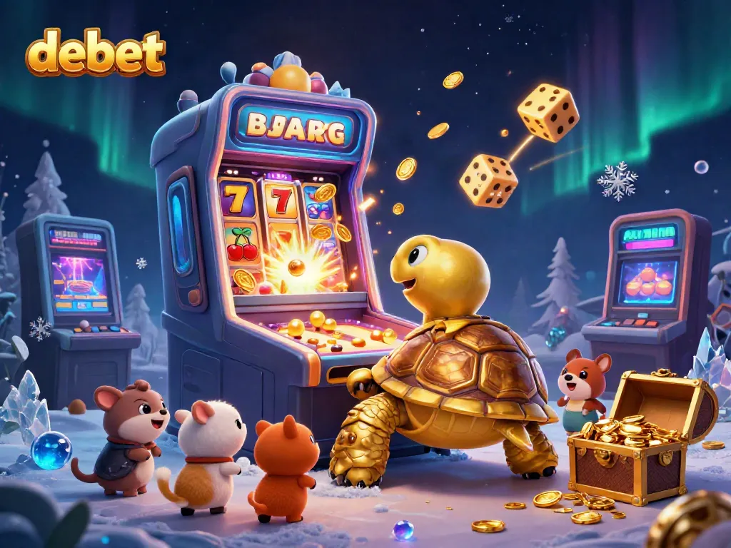 Enjoy exciting gameplay with debet featuring a colorful 3D casino scene, golden tortoise, and jackpot elements.
