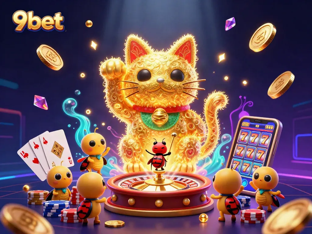 Experience the excitement of 9bet with a dazzling display of casino symbols and golden fireflies.