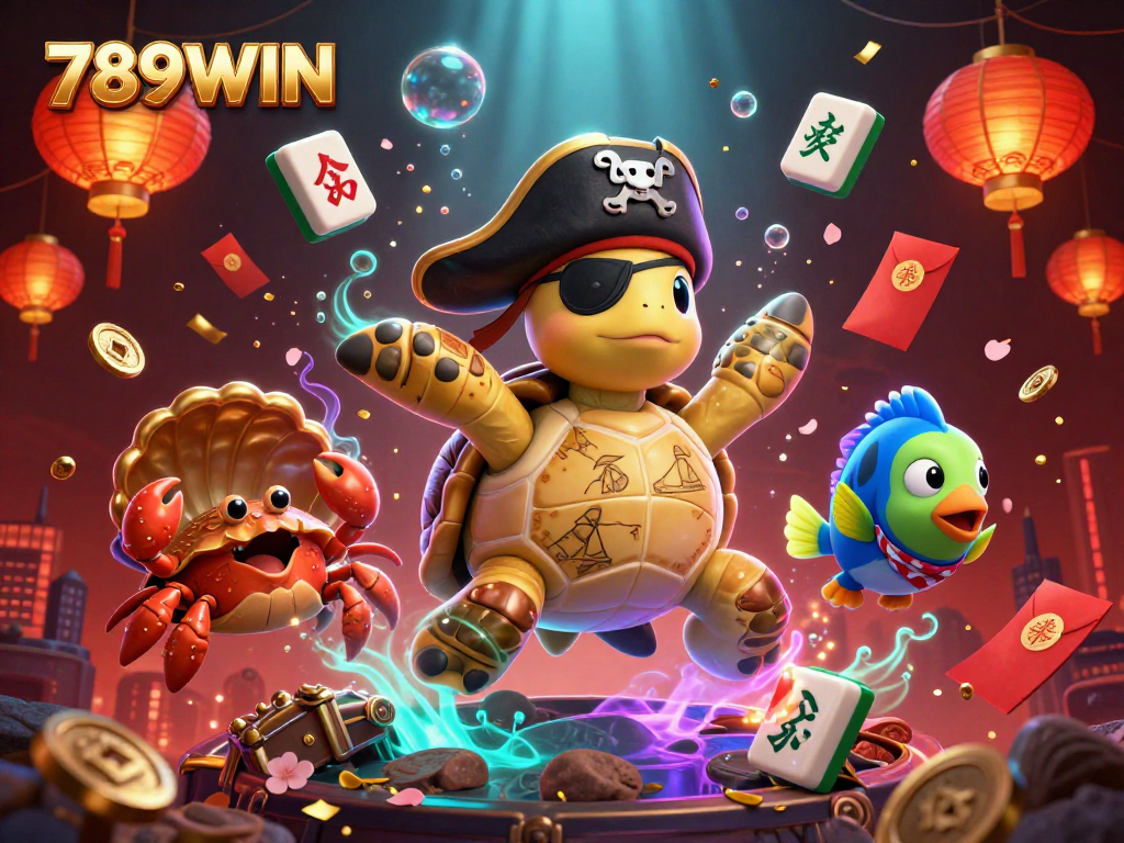 Experience excitement with 789WIN as a pirate turtle, golden crab, and bandana fish celebrate under treasure.