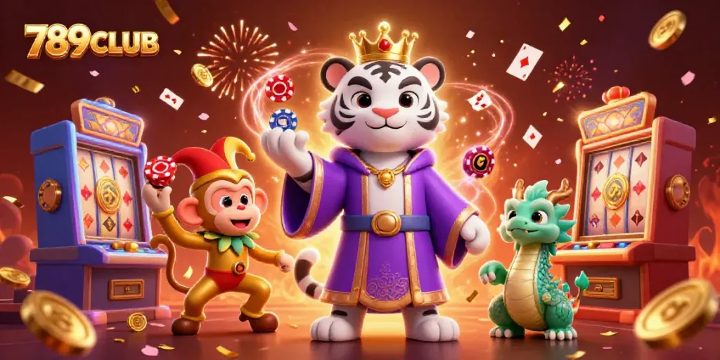 Join the excitement of 789CLUB with a vibrant scene featuring a white tiger and monkey in a rich casino atmosphere.