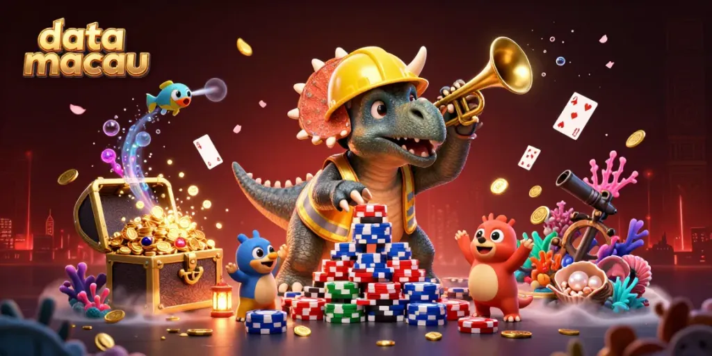 Melihat data Macau dengan triceratops dan parasaurolophus di alat permainan kasino.