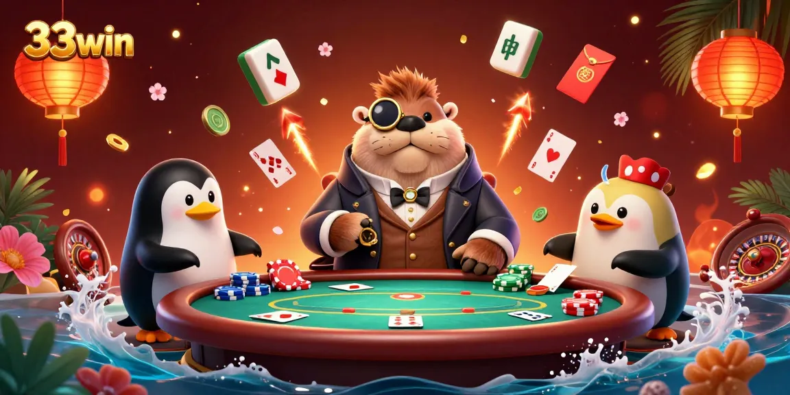 Experience the thrilling atmosphere of 33win casino with vibrant poker action and charming characters.