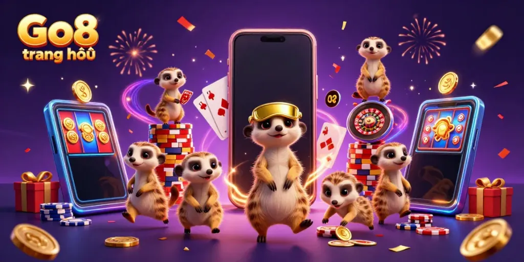 Immerse in the excitement of Go8 trang chủ with meerkats running a casino, showcasing a vibrant slot game experience.