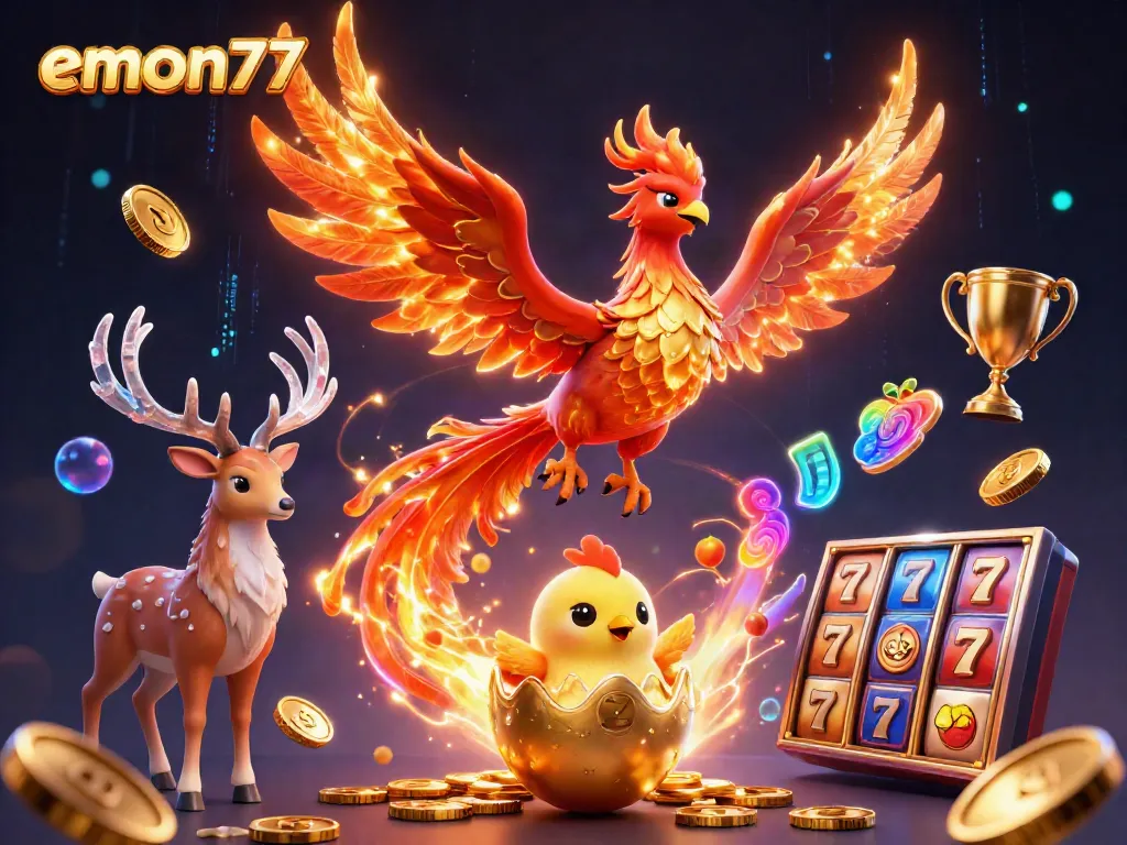 Experience the excitement of emon77 with a vibrant 3D slot scene featuring a majestic phoenix and engaging gaming elements.