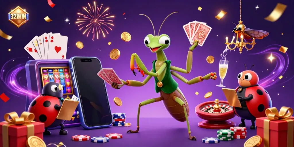 Experience thrilling gameplay at 32WIN with a vibrant casino scene featuring unique characters and dynamic game elements.