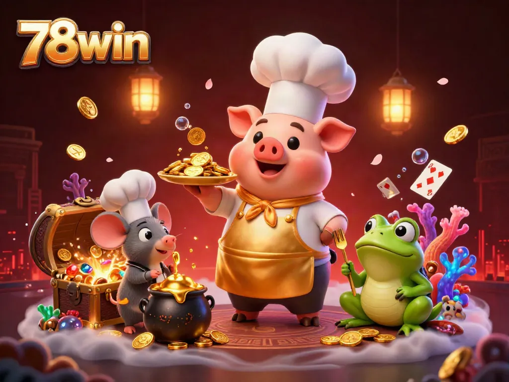 Engage with 78win's vibrant 3D casino illustration showcasing an entertaining chef pig, tasting sous-chef mouse, and critic frog amid gold coins and cards.