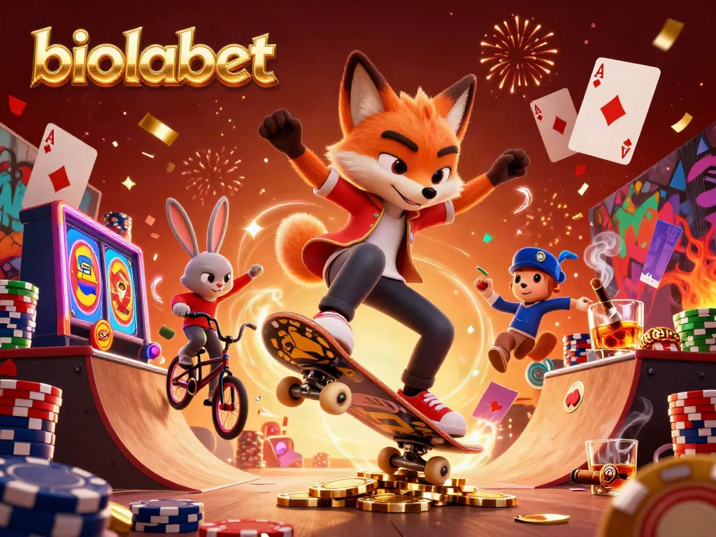 Experience biolabet's vibrant fun with a skateboarder fox and BMX rabbit in an engaging casino scene.
