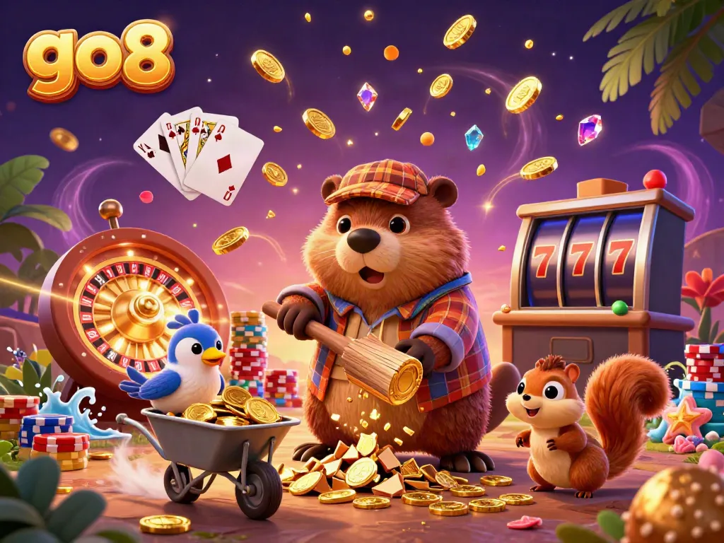 Experience the excitement of go8 casino gaming with a bustling scene of a beaver, bird, and squirrel amidst cascading coins and vibrant games.