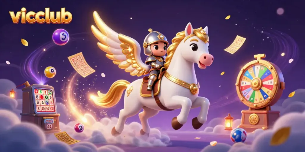 Experience thrilling gameplay with vicclub in a vibrant 3D casino fantasy illustration full of gambling elements.