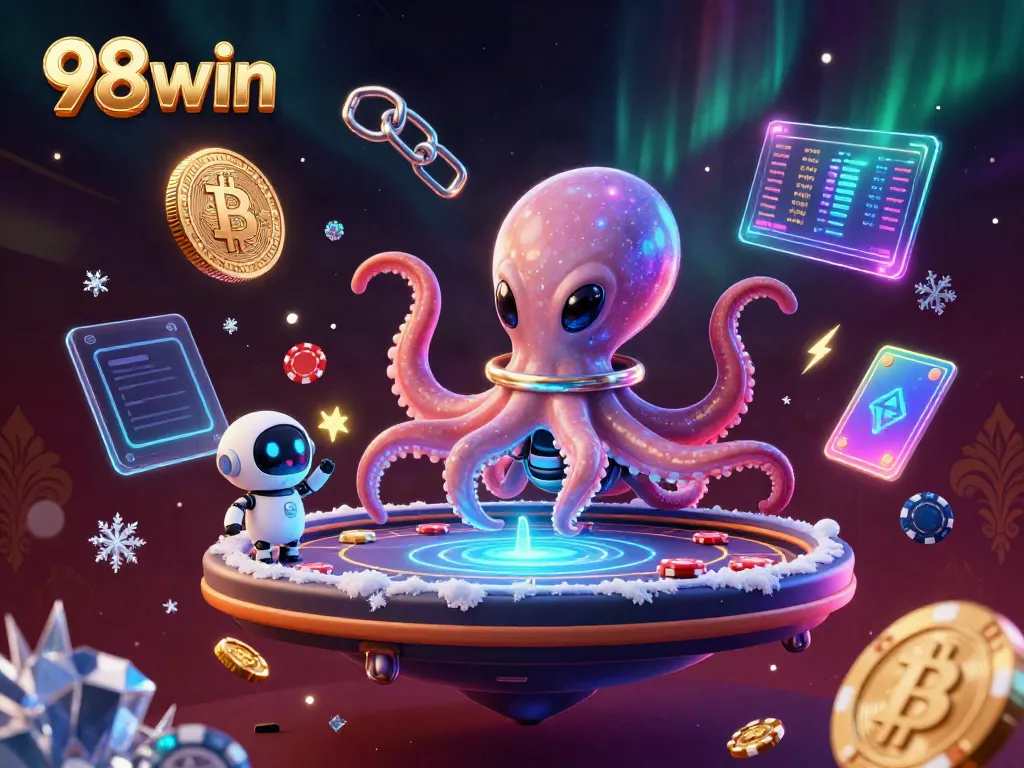 Engage with the thrilling world of 98win through a fun 3D casino scene featuring an alien octopus at a poker table.