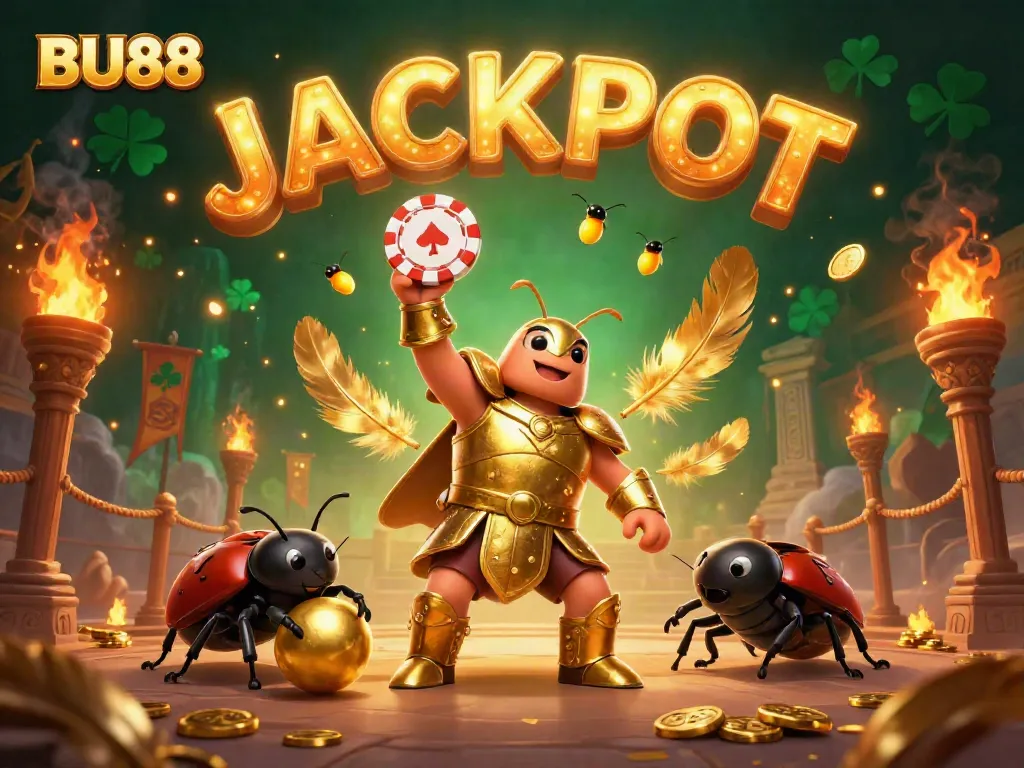 Experience BU88's thrilling casino action with a heroic beetle lifting a poker chip amid vibrant gaming symbols.