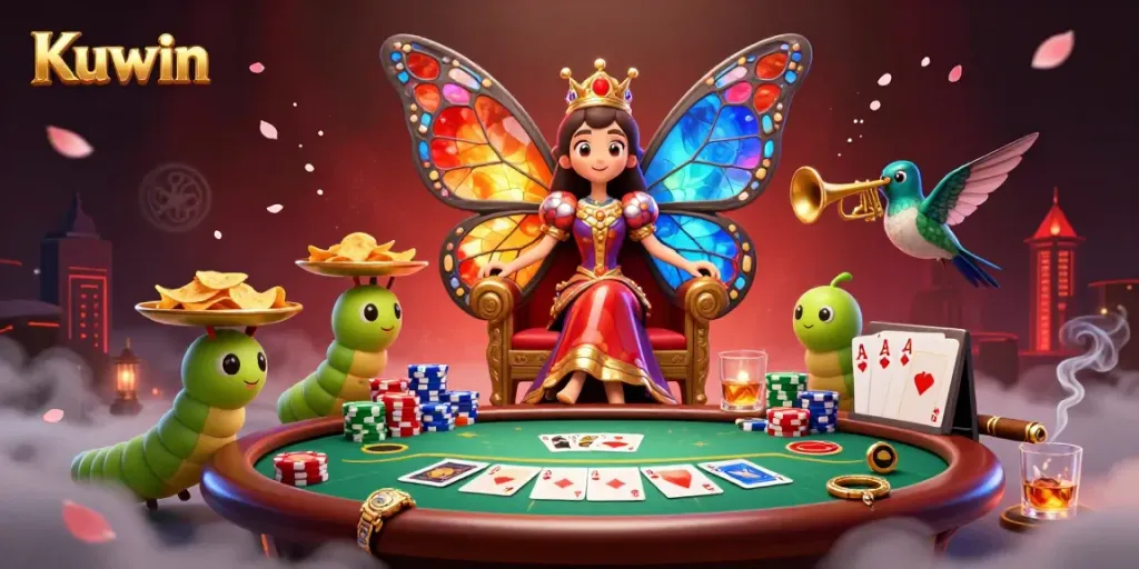 Kuwin, illustrated 3D captivating scene with a butterfly queen and poker elements, enhanced with vibrant colors.