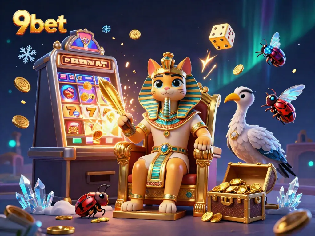 Experience thrilling wins at 9bet with a dynamic casino scene featuring a pharaoh cat and slot machine.